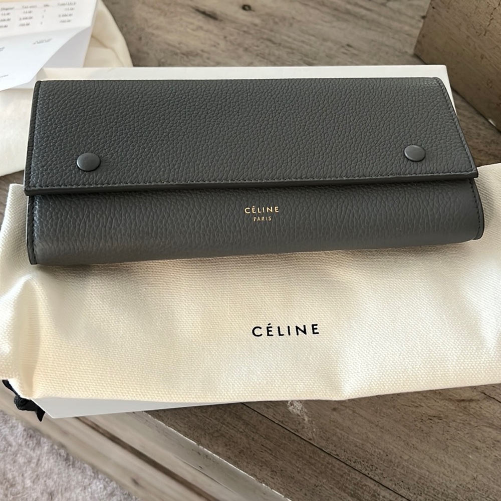 Celine large flag wallet dark gray.